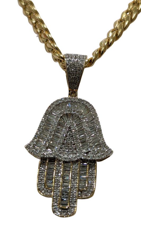 Hamsa Baguette Hand Gold with 4.5mm Miami cuban link 20 inch