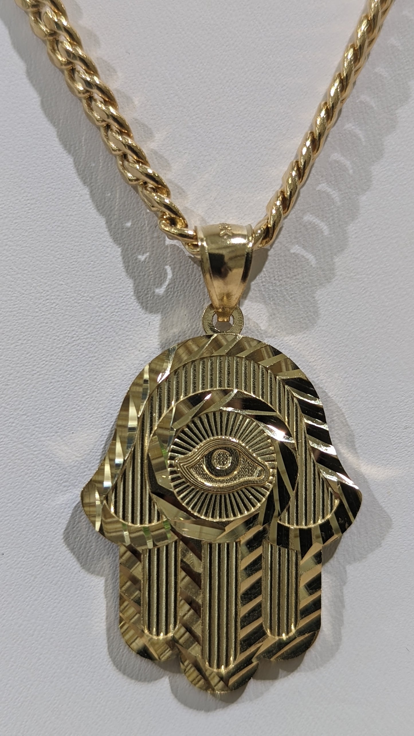 10kt Gold Cuban micro chain... Hamsa eye laser cut