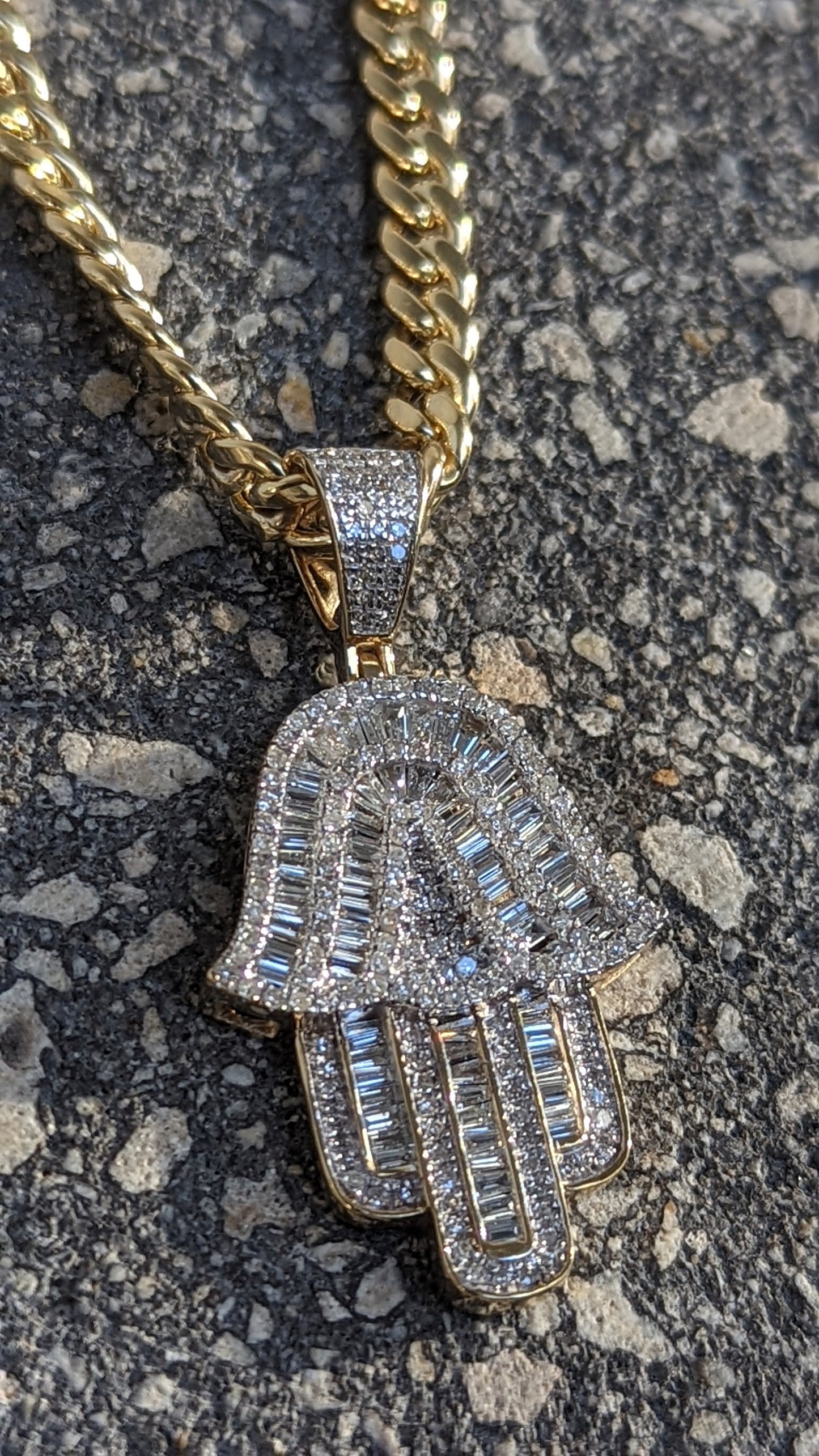 Hamsa Baguette Hand Gold with 4.5mm Miami cuban link 20 inch